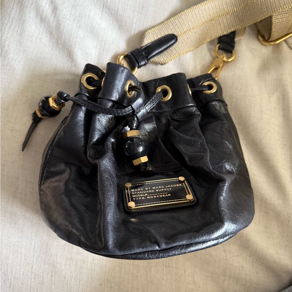 Marc Jacobs Black Leather Crossbody Bag with Gold Accents